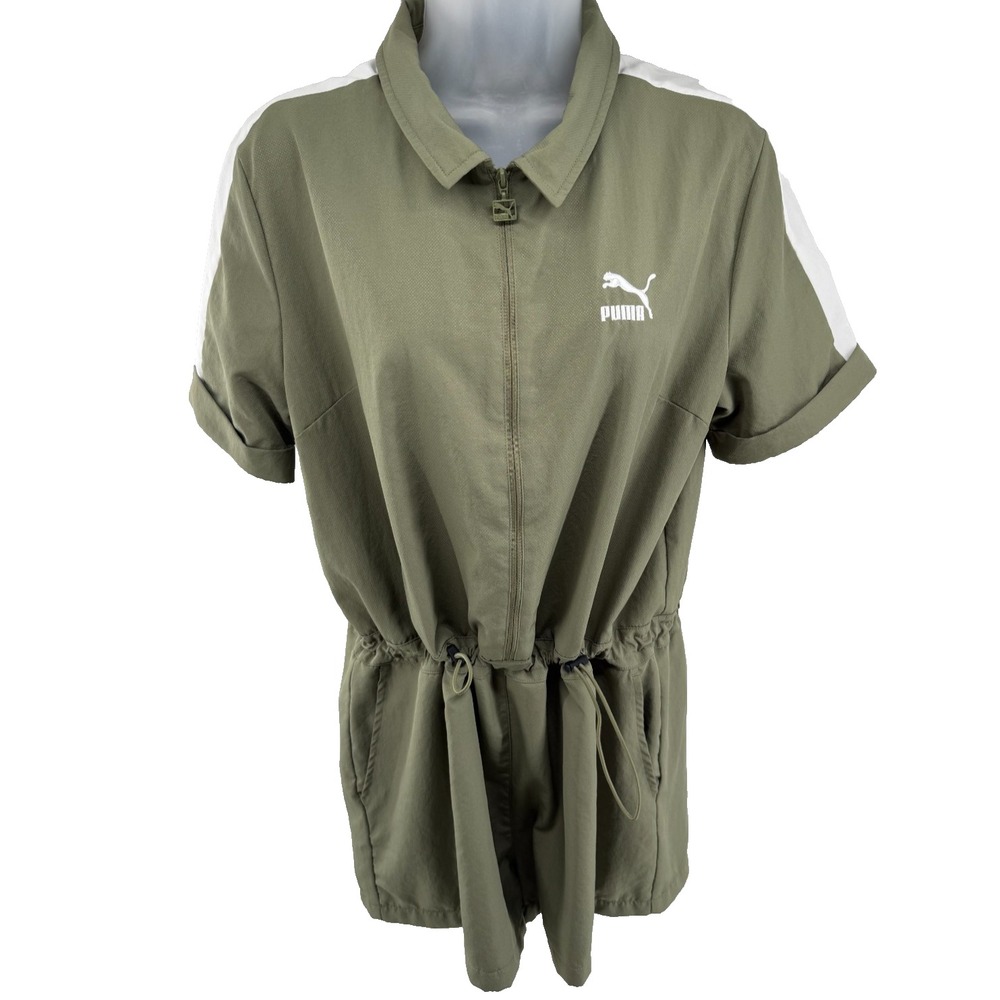 Puma Womens Olive Green Zip Front Drawstring Waist Sporty Jumpsuit Size Large